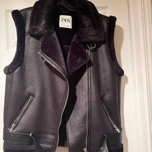 Zara Dark Leather Vest with Plush Trim